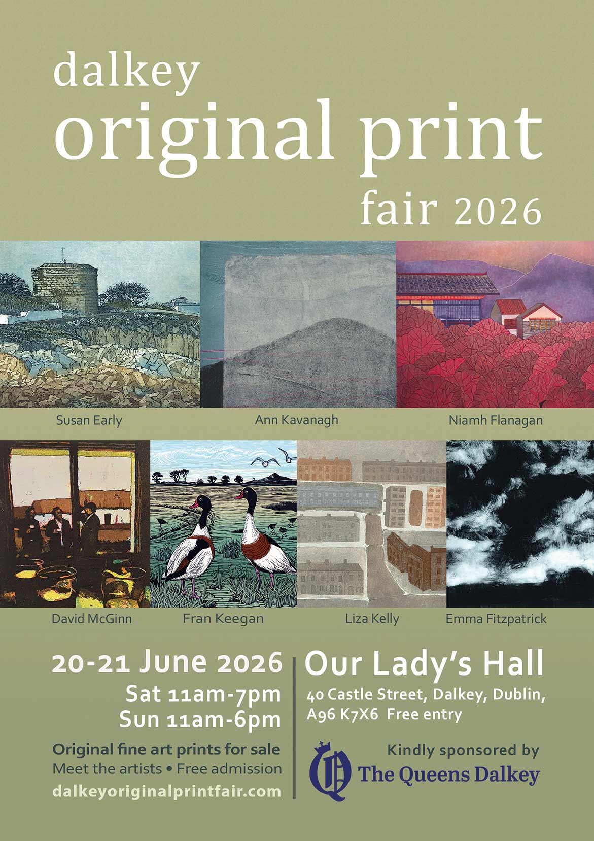 Dalkey Original Print Fair 2026 poster — seven exceptional printmakers at Our Lady's Hall, Dalkey, Dublin. 20–21 June 2026. Free entry.